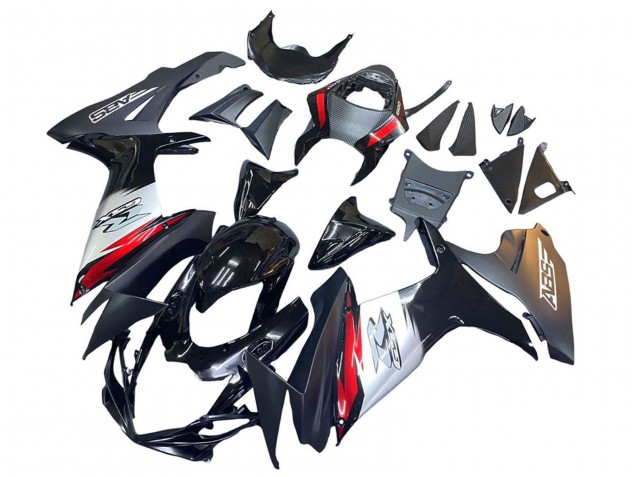 Carénages Moto Suzuki GSXR 600 / GSXR 750 2011-2024 - Noir Brillant Fibre de Carbone Forgée Argent Rouge