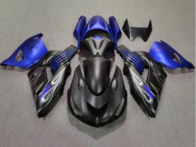 Carénages Moto Kawasaki ZX14R ZZR1400 2006-2011 - Noir Mat Bleu Argent Flamme